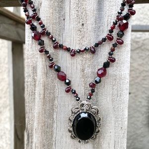 Double Strand Black & Red Crystal Beaded Necklace